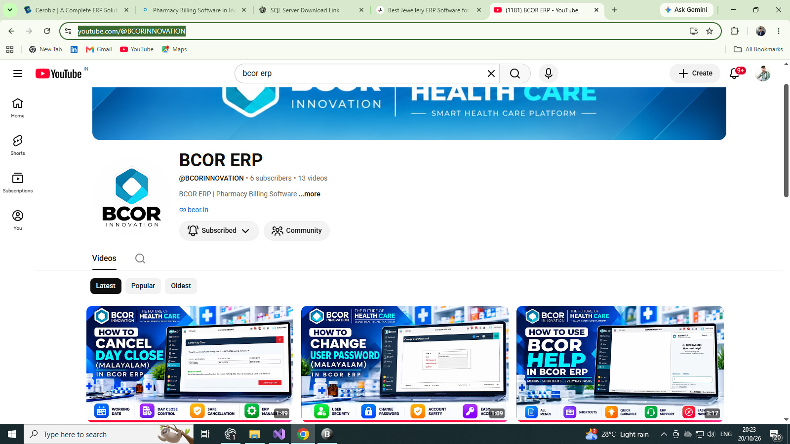 BCOR ERP YouTube channel with software tutorials